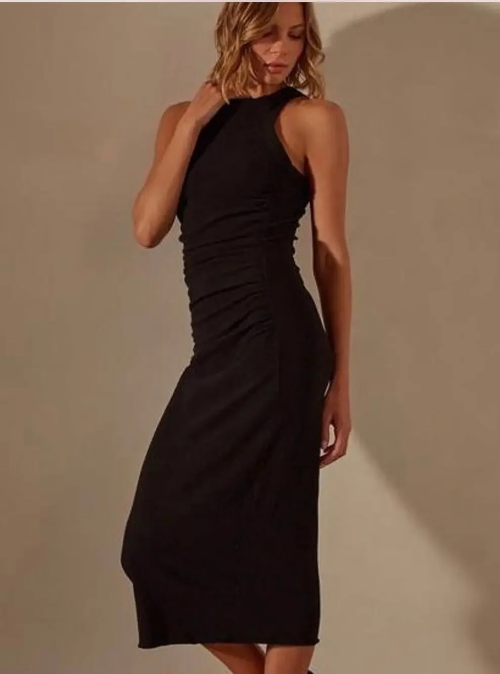 James Perse Bodycon knit side ruched tank midi dress black sz 2 medium tencel